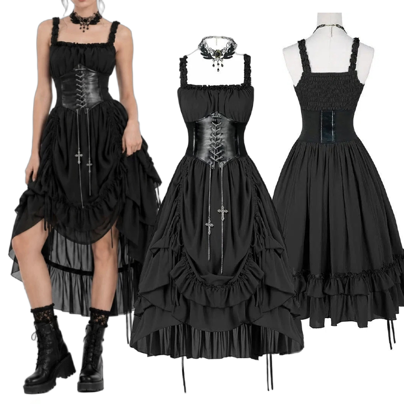 Vintage Fashion Dresses - Vestido Gótico Feminino com Corset Preto